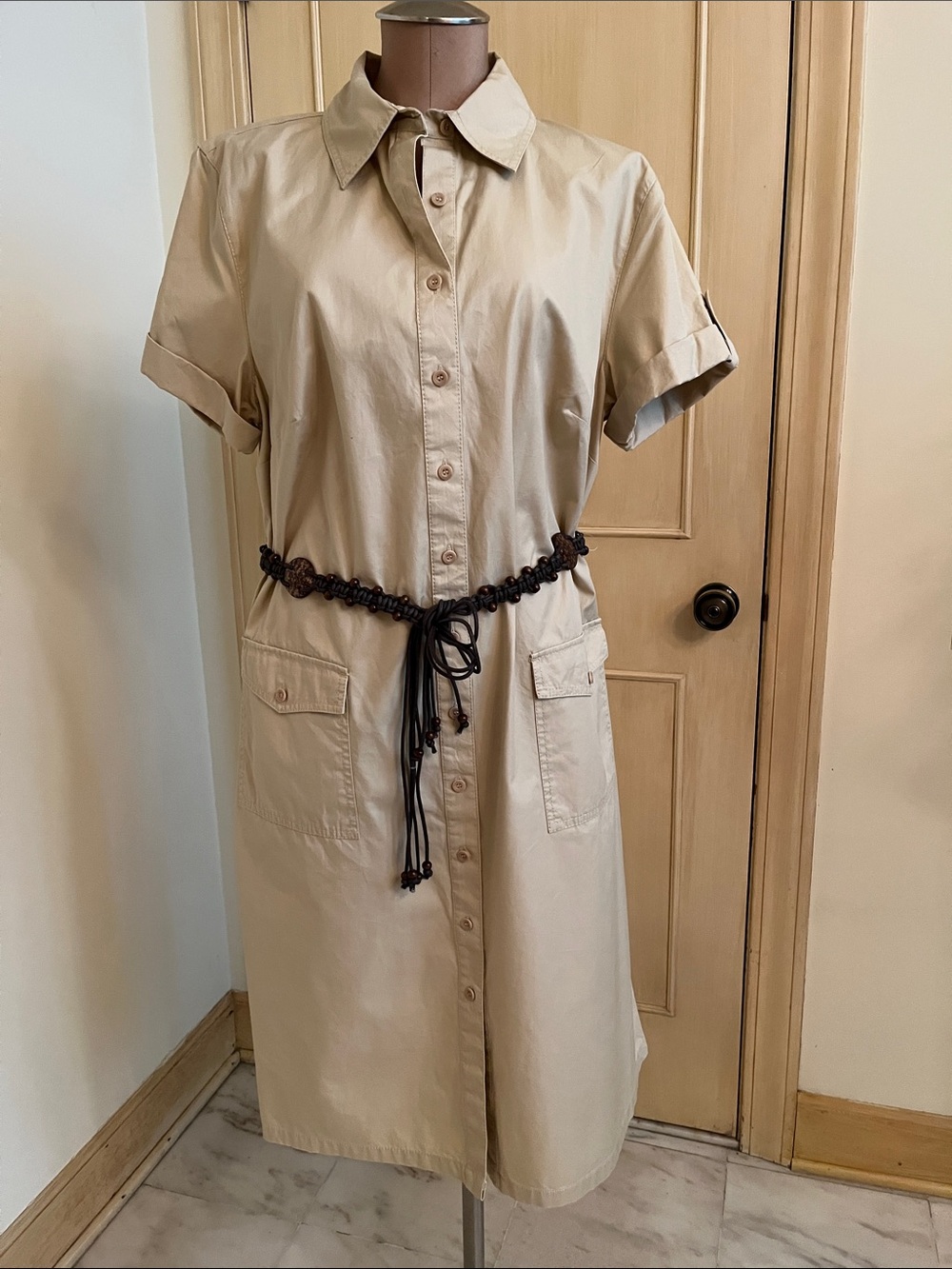 SIGRID OLSEN NWT Vintage Career Safari Khaki Shirt Dress Braided Bead Belt 14W
